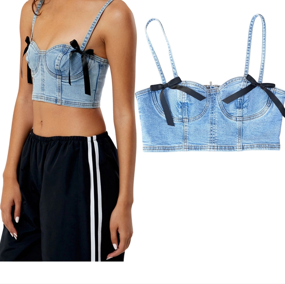 PacSun Denim Bustier Crop Bra Top M Y2K Coquette Bow Corset Style